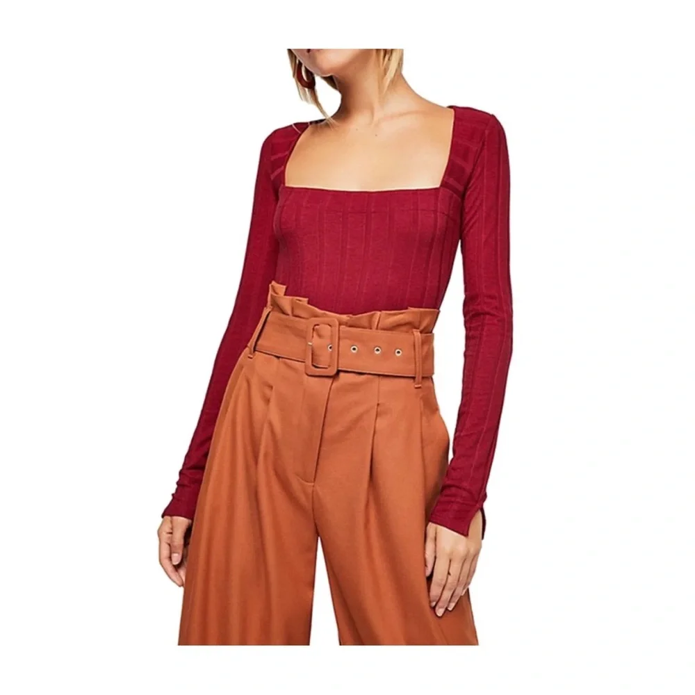FREE PEOPLE INTIMATELY WINE RED LONG‎ SLEEVE BESIDE ME RIBBED THONG BODYSUIT S